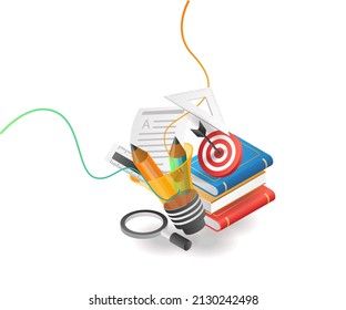 Concepto de ilustración isométrica plana. libros creativos y herramientas de regreso a la escuela