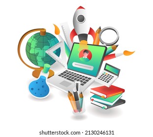 Flat isometric illustration concept. creative online back-to-school tools