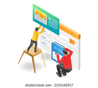 Flat isometric illustration concept. the creative team is working on a new website display