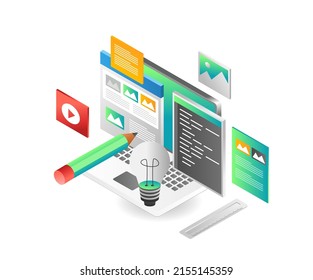 Flat isometric illustration concept. creative layout data portfolio and programmer