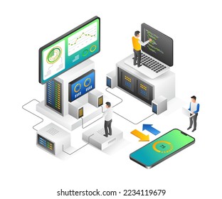 Flat isometric illustration concept of developer team building computer and smartphone application