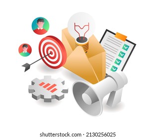 Flat isometric illustration concept. digital marketing strategy target ideas