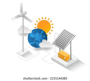 Flat isometric illustration concept. Earth with solar panels and windmills