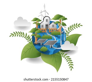 flat isometric illustration concept. earth trees and solar panel energy