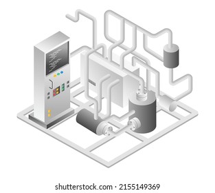 Flat isometric illustration concept. factory industrial machine with pipeline