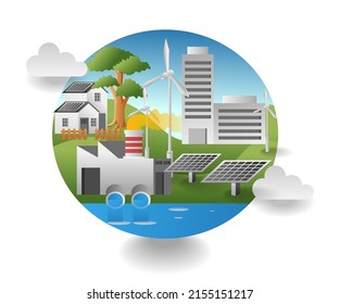 flat isometric illustration concept. factory waste and solar panel energy