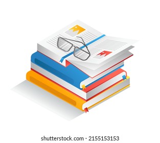 Flat isometric illustration concept. glasses on a pile of student books
