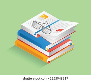 Flat isometric illustration concept. glasses on a pile of student books