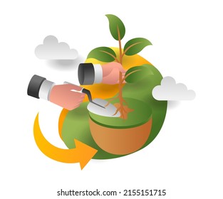 flat isometric illustration concept. hand planting tree in green soil