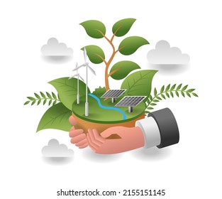 flat isometric illustration concept. hands holding green soil with solar panels and windmill