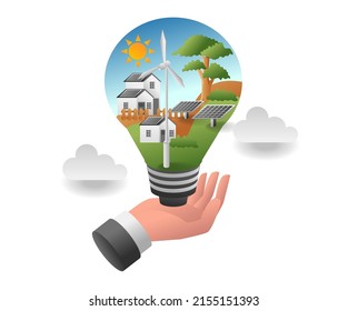 flaches isometrisches Illustrationskonzept. Haus mit Solarzellen in der Glühbirne