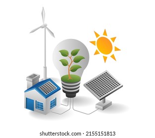 flat isometric illustration concept. house with solar panel energy
