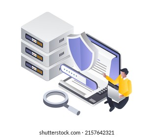 Flat Isometric Illustration Concept. Information Protection Server Program