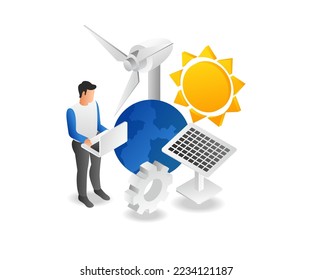 Concepto de ilustración isométrica plana para instalar paneles solares con programa informático