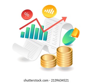 Flat isometric illustration concept. investment business income analysis data