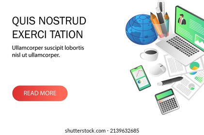 Flat isometric illustration concept. landing page work and study desk