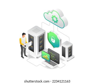 Flat isometric illustration concept of maintaining cloud server analysis data