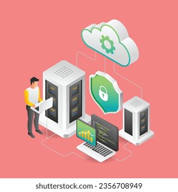 Flat isometric illustration concept of maintaining cloud server analysis data