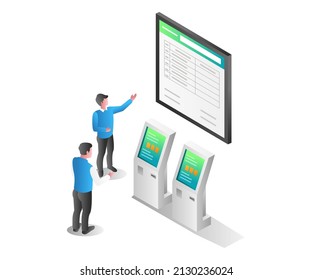 Flat isometric illustration concept. man showing information with monitor