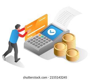 Flat isometric illustration concept. man doing transaction with atm card for payment