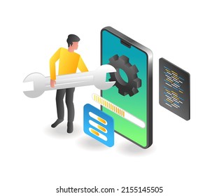 Flat isometric illustration concept. the man is in the process of upgrading the smartphone data application