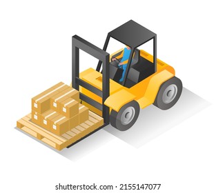 Flat isometric illustration concept. man lifting goods with forklift