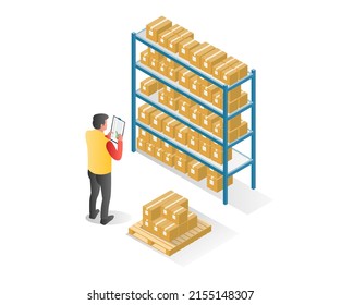 Flat isometric illustration concept. the man takes notes and checks the stock of goods in the warehouse
