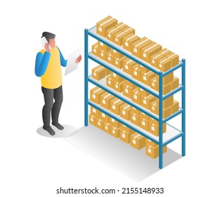 Flat isometric illustration concept. man asking for delivery of goods to warehouse