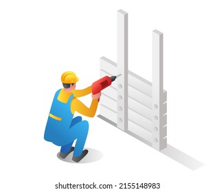 Flat isometric illustration concept. man drilling iron pole