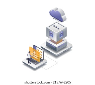 Concepto de ilustración isométrica plana. man controlando los datos del servidor central