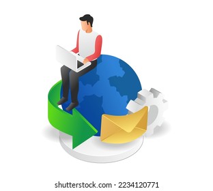 Concepto de ilustración isométrica plana del hombre que envía correo electrónico por todo el mundo