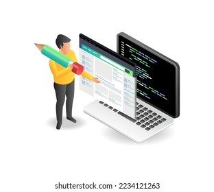 Flat isometric illustration concept of man creating webblog page in programming language