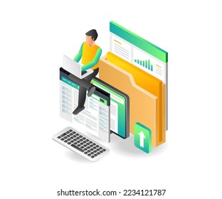 Flat isometric illustration concept of man working on computer data analysis