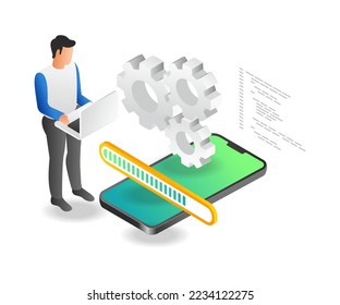 Flat isometric illustration concept of man maintaining update application