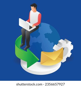 Flat isometric illustration concept of man sending email over the globe