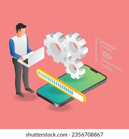 Flat isometric illustration concept of man maintaining update application