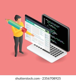 Concepto de ilustración isométrica plana del hombre que crea una página de blog en lenguaje de programación