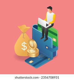 Concepto de ilustración isométrica plana del hombre haciendo dinero en línea