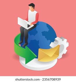 Flat isometric illustration concept of man sending email over the globe