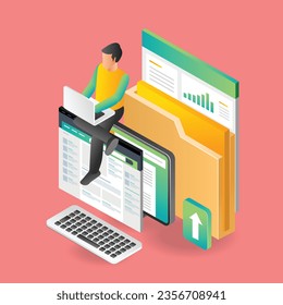 Flat isometric illustration concept of man working on computer data analysis