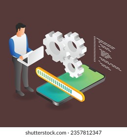 Flat isometric illustration concept of man maintaining update application