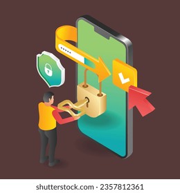 Flat isometric illustration concept of man unlocking smartphone account