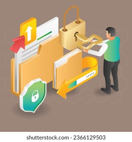 flat isometric illustration concept of man locking folder