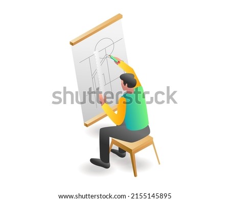 Flat isometric illustration concept. man spelling manual technique drawing project