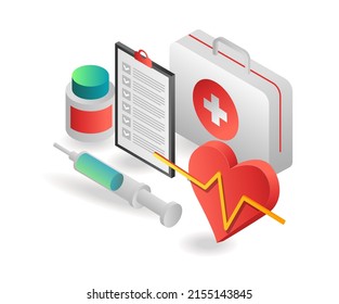 Flat Isometric Illustration Concept. Medical Supplies Bag Symbol