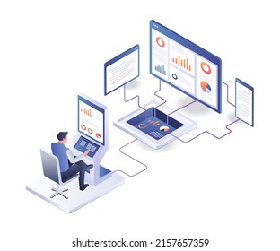 Flat isometric illustration concept. Men control data analyst 
