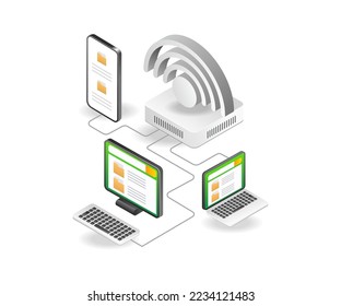 Concepto de ilustración isométrica plana de datos compartidos de red con wifi