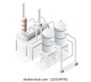 Flat isometric illustration concept. oil and gas factory with pipelines