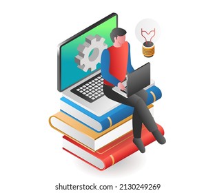 Flat isometric illustration concept. online learning process on a pile of books