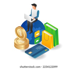 Flat isometric illustration concept of online shopping world